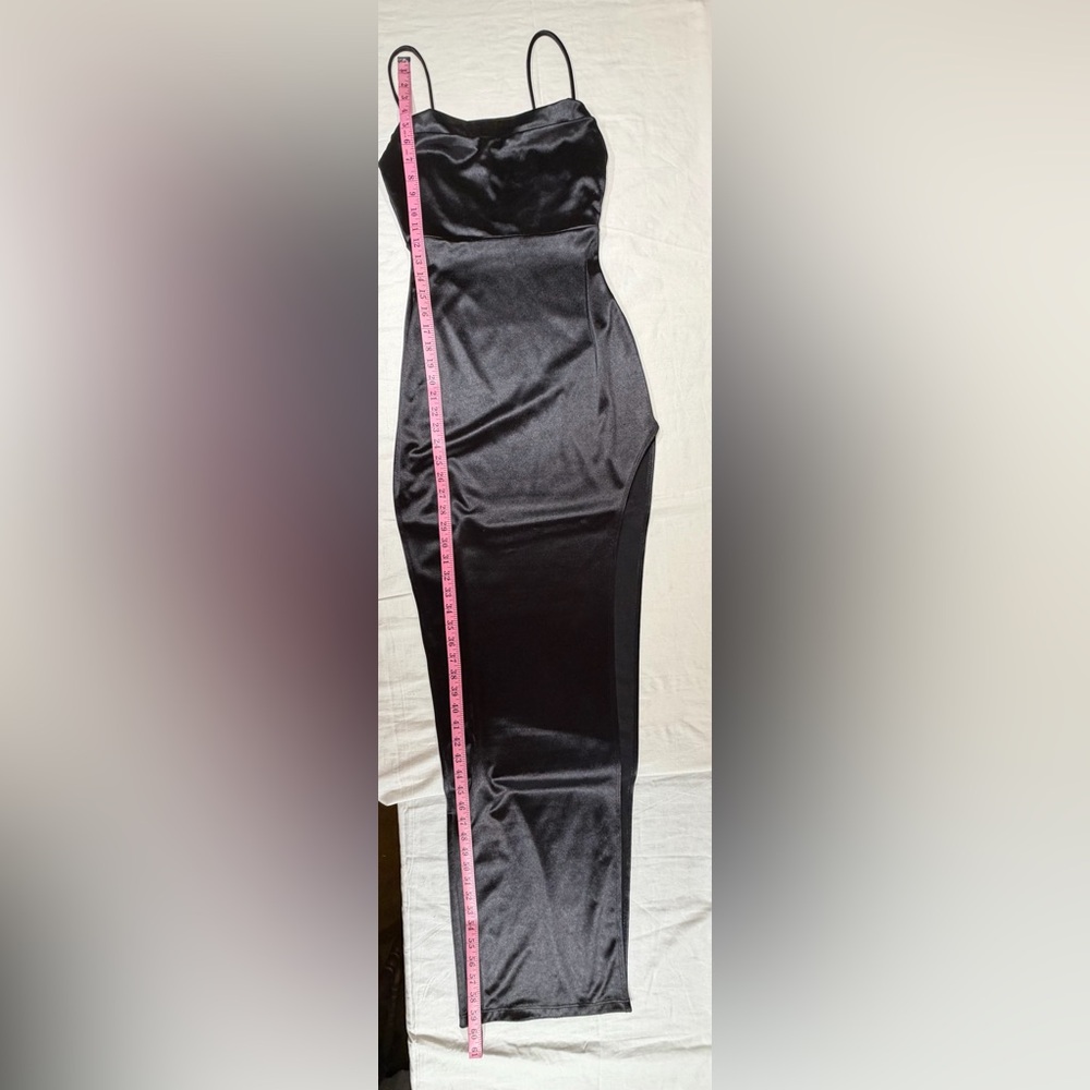 Windsor Black Cowl Neckline Thigh High Slit Formal Satin Dress - Size S - Picture 6 of 9